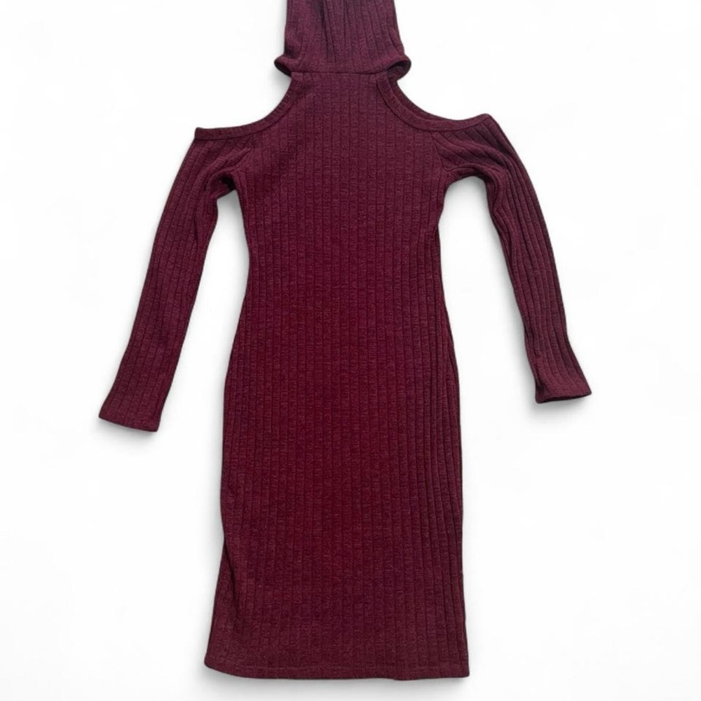 Burgundy Ribbed Knit TurtleNeck Open Shoulder Dress